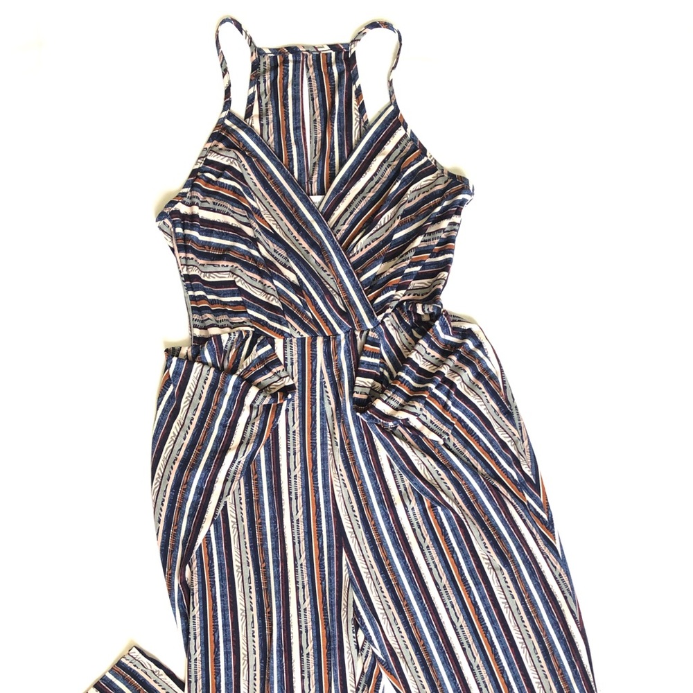 Striped boho BCBG jumpsuit in earth tones